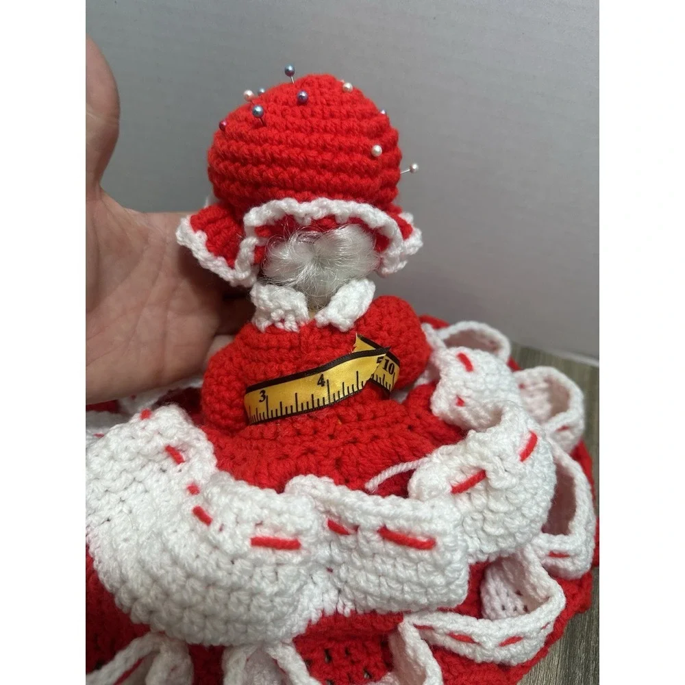 Hand‎ Crocheted Thread Caddy Cone Doll Red And White Pincushion RARE